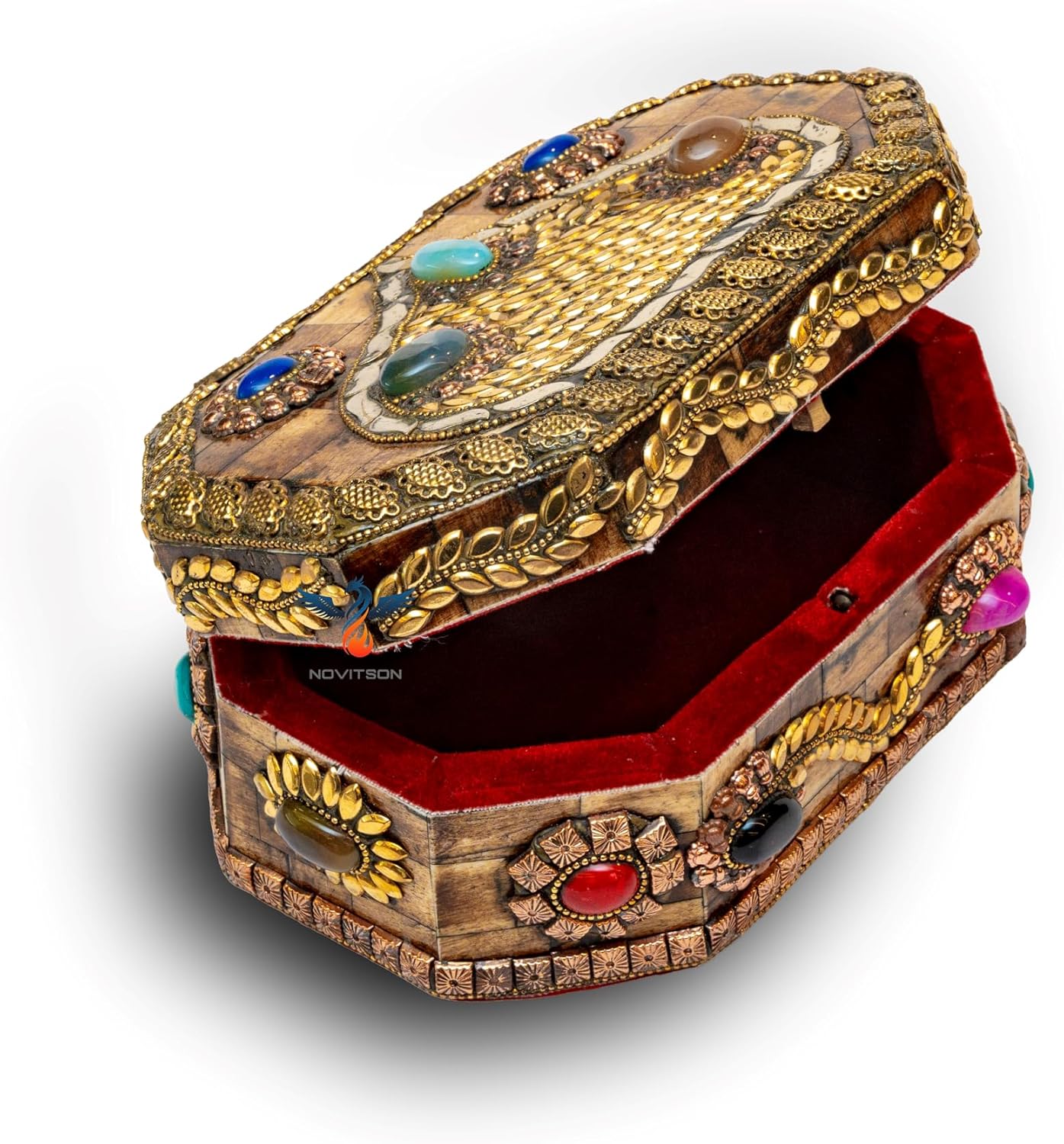 Le Prismaura – Bone crafted Natural Bone Artifact | Textured Exterior, Gemstone Inlay, Velvet Interior | Artisan Collector's Art