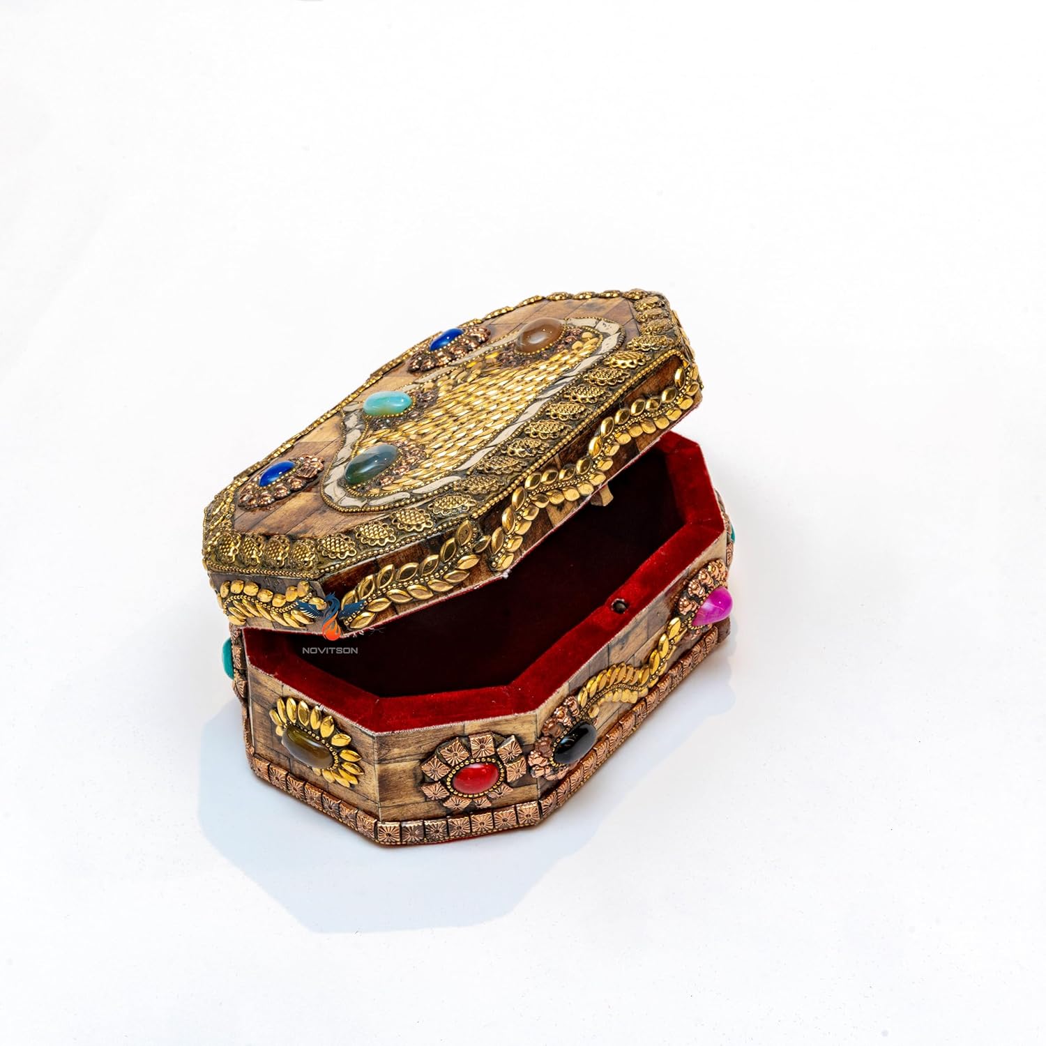 Le Prismaura – Bone crafted Natural Bone Artifact | Textured Exterior, Gemstone Inlay, Velvet Interior | Artisan Collector's Art