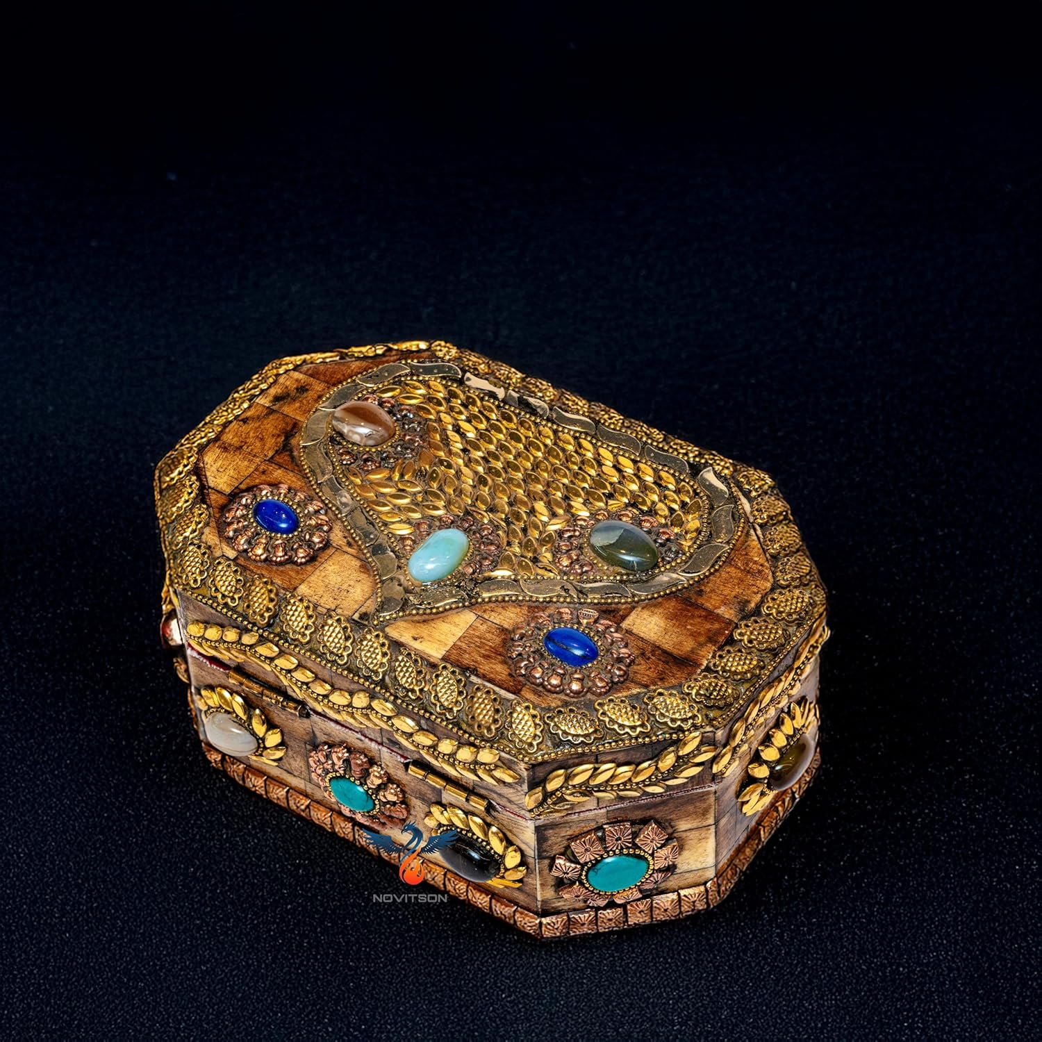 Le Prismaura – Bone crafted Natural Bone Artifact | Textured Exterior, Gemstone Inlay, Velvet Interior | Artisan Collector's Art